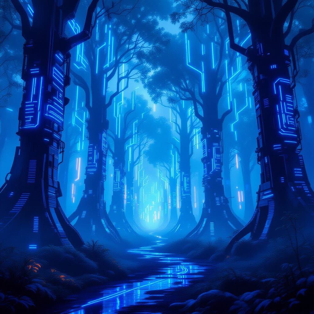 a mysterious forest swathed in swirling metallic fog 