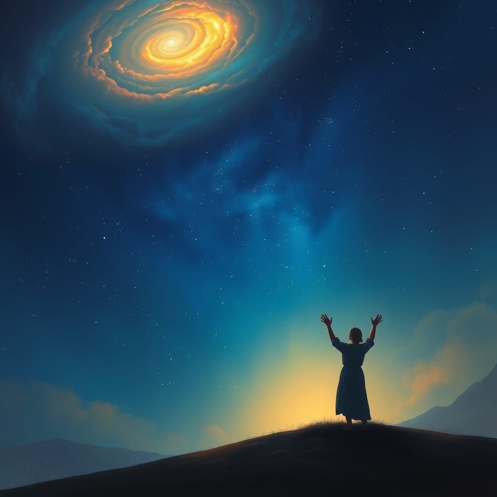 Hopeful Figure Gazes at Cosmic Nebula in Ethereal Digital Ar...
