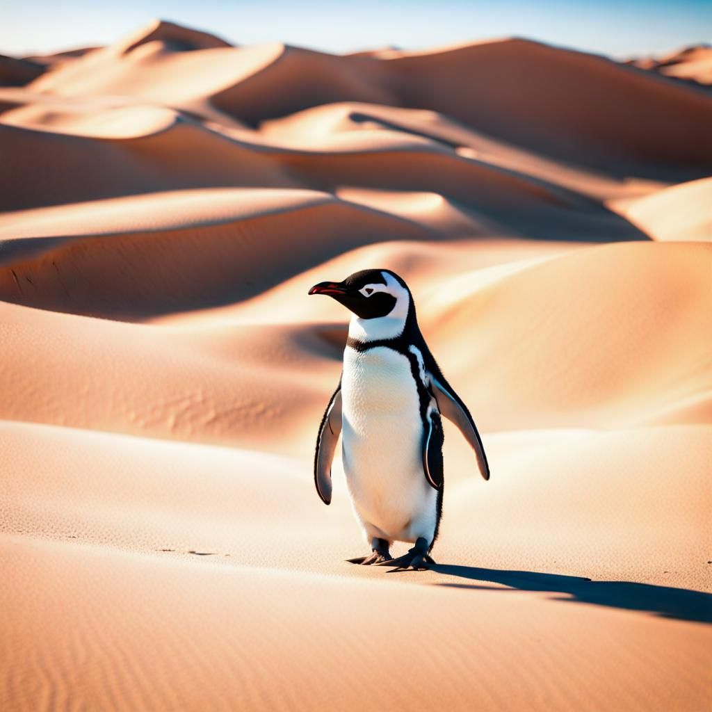 wandering penguin in the middle of the hot desert 8k