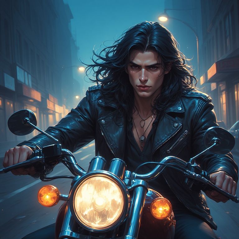 Handsome young man with long black hair blowing behind his h...