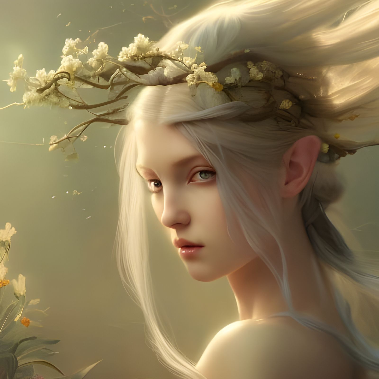 Young Elf girl with flowers in her hair  by @Eroca