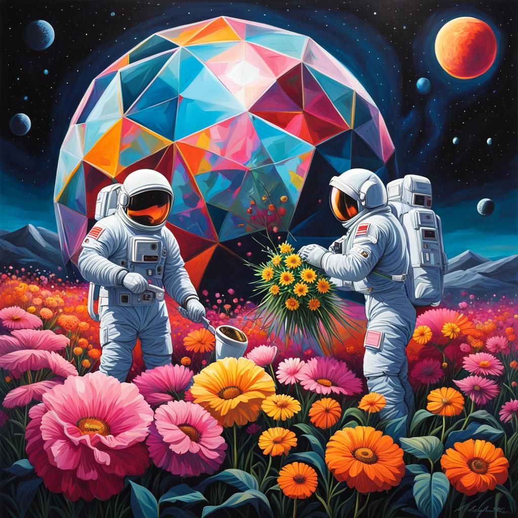 Three men in spacesuits tending to the flowers in a geodesic...