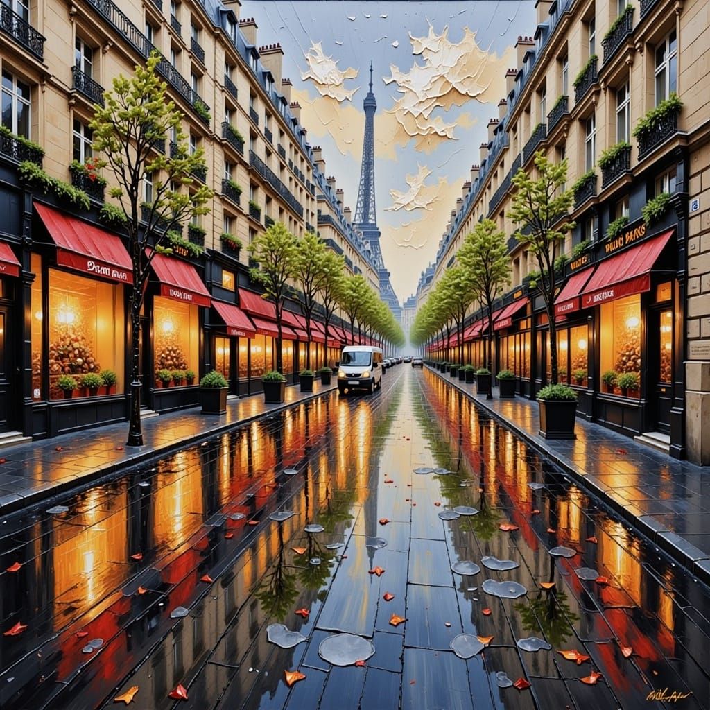 Paris in the Rain, Reflections, Impasto <lora:Impasto Paint:1.0> 