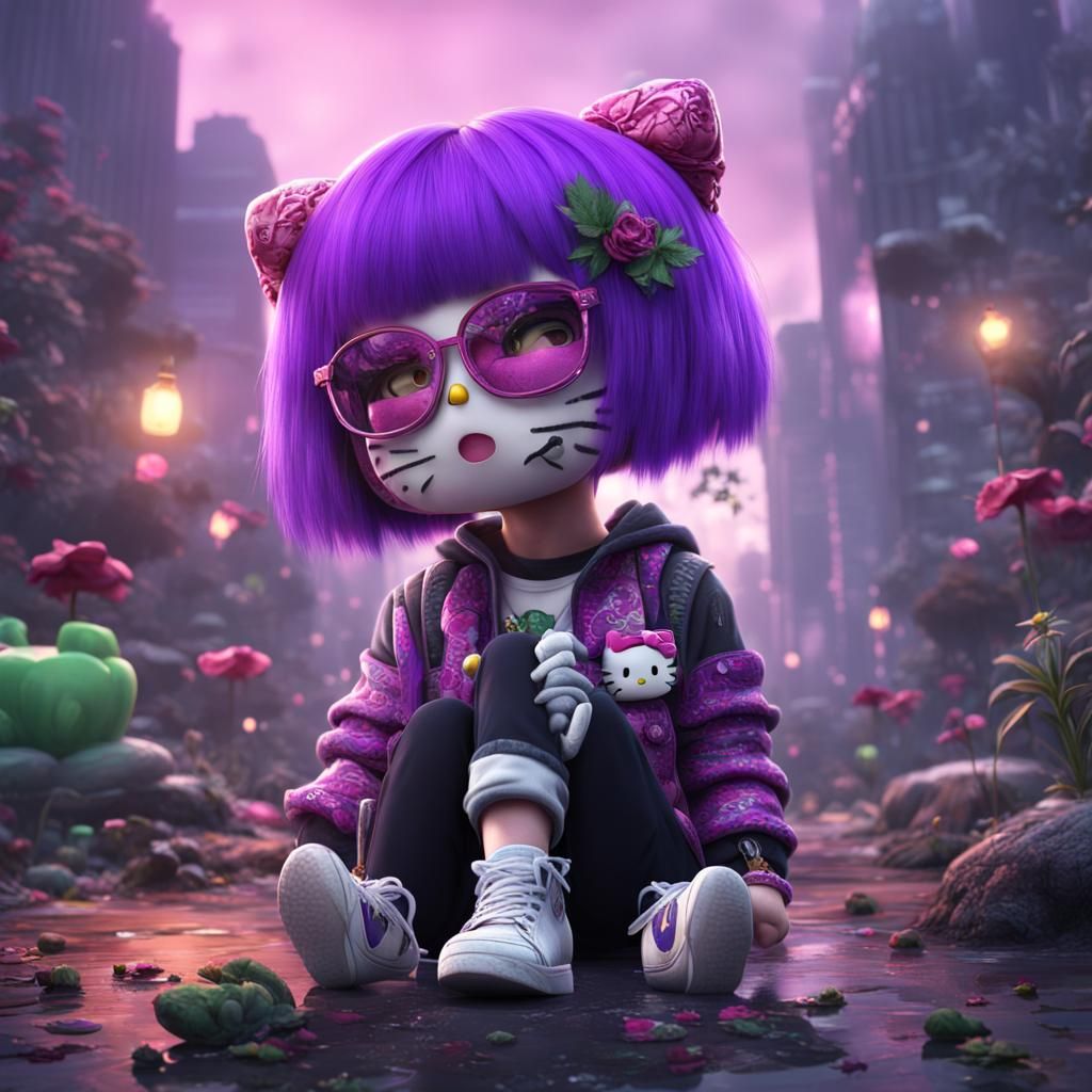hello kitty emo makeup purple hair smoking weed