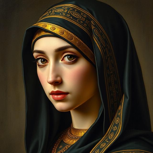 AN EGYPTIAN WOMAN  DRESSED  IN A BLACK AND GOLD HIJAB . .