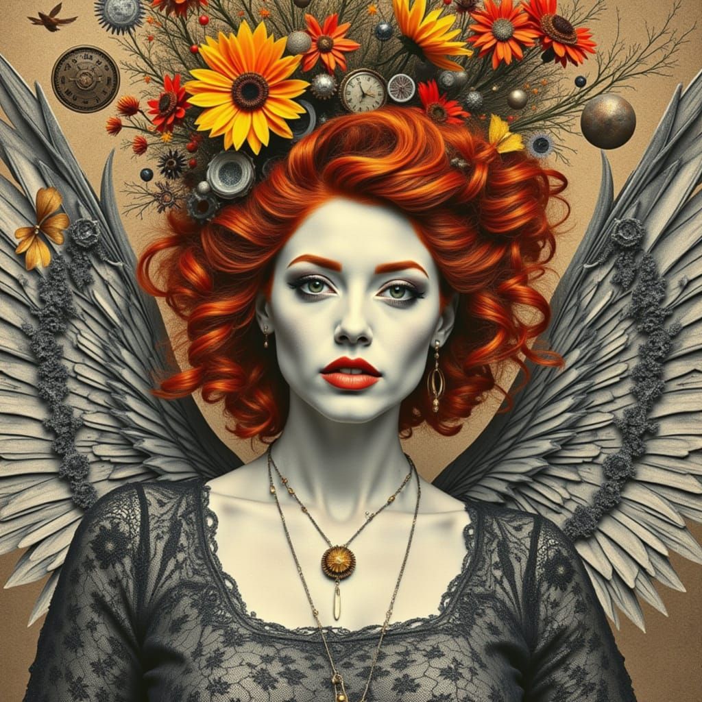 <lora:Ginger Red:1.0> Red headed woman  steampunk   mystical and poetic dreamlike Paul Klee, surreal and celestial, etching & delicate aquat...