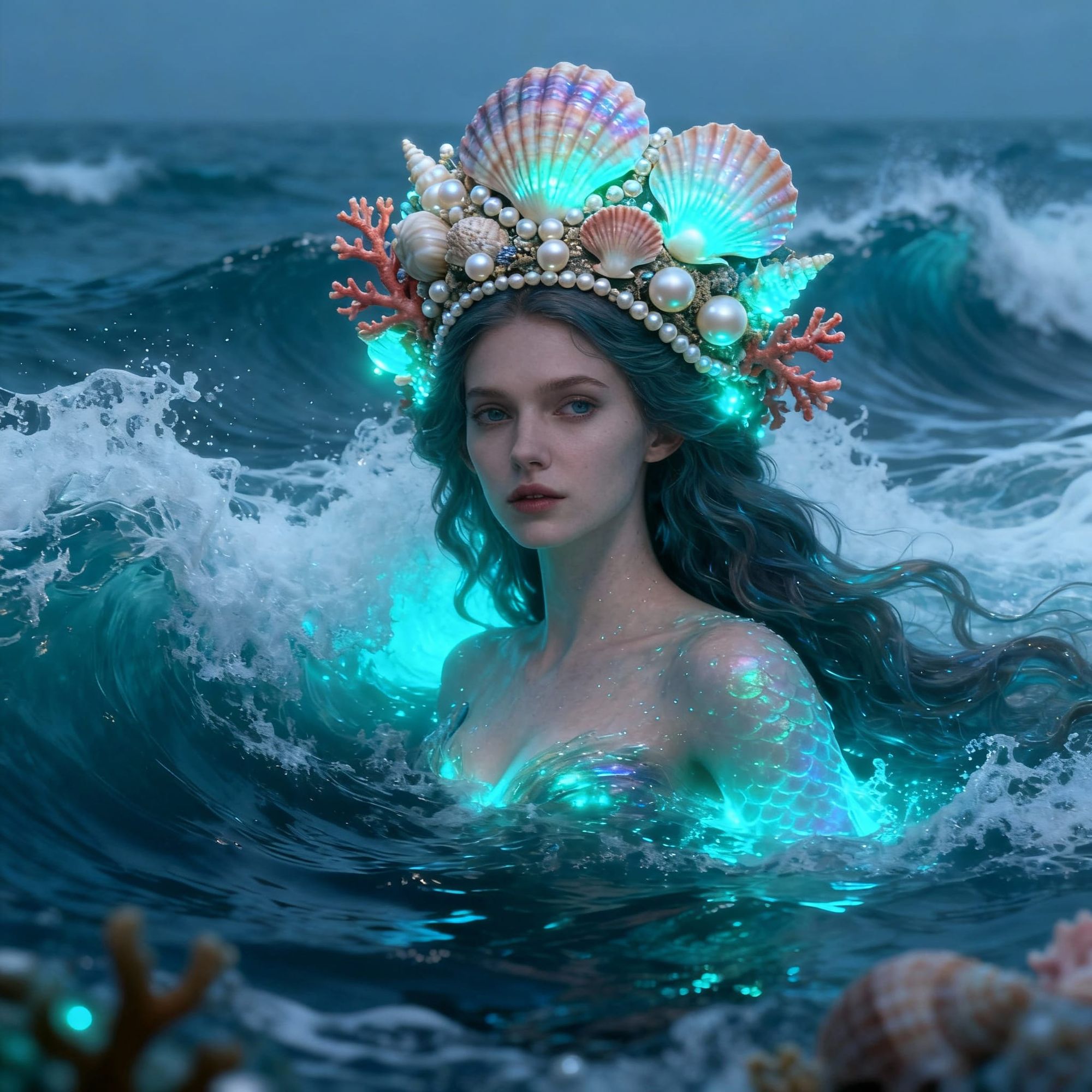 Have the Queen rise out of water and crown of water  glowing brightly with sea foam