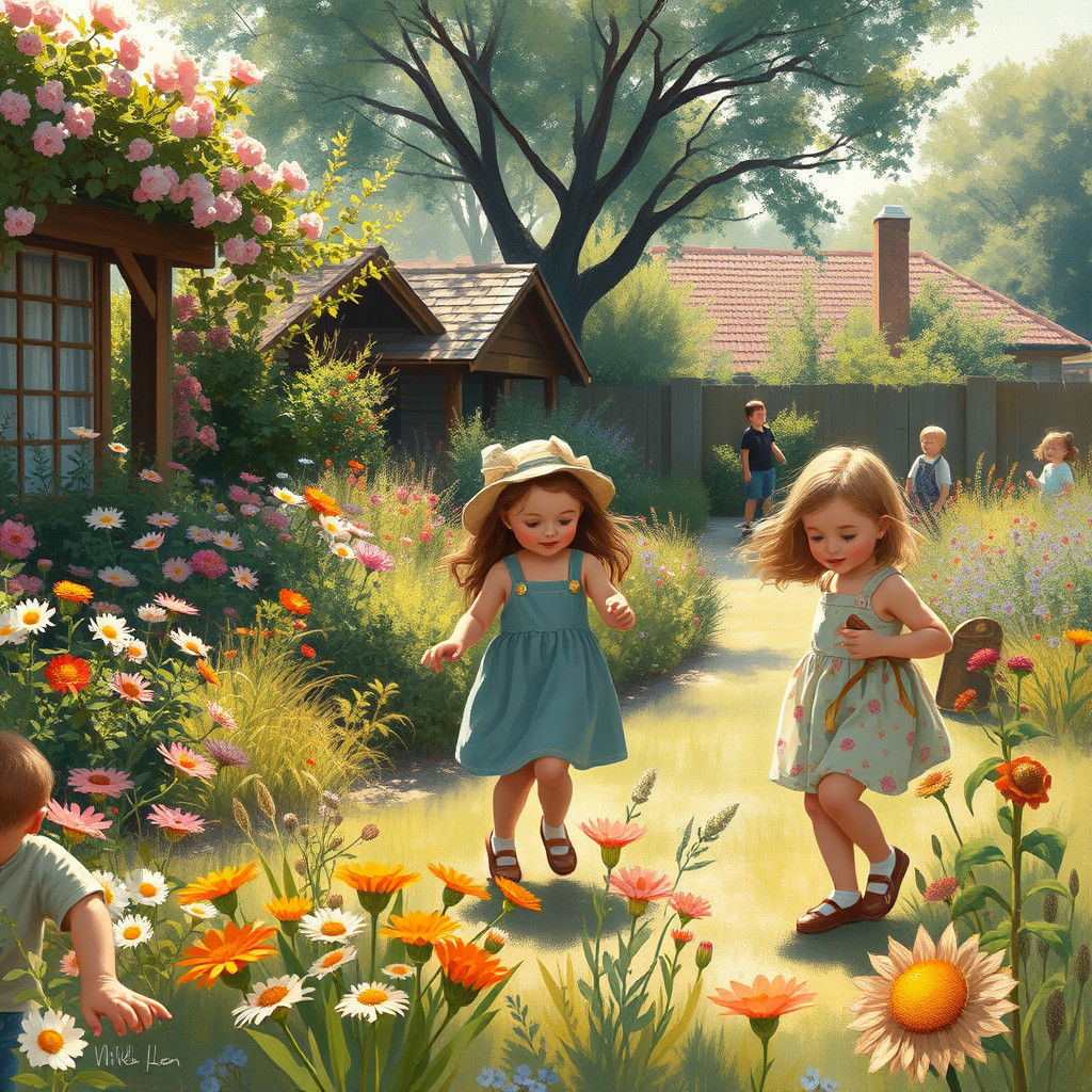 Children Playing in a Sunny Garden, Impressionistic Style