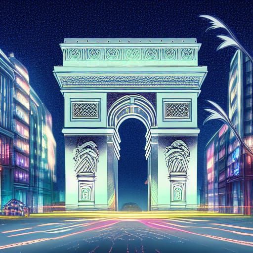 The Arc de Triomphe lit up at night Studio Ghibli, Anime Key...