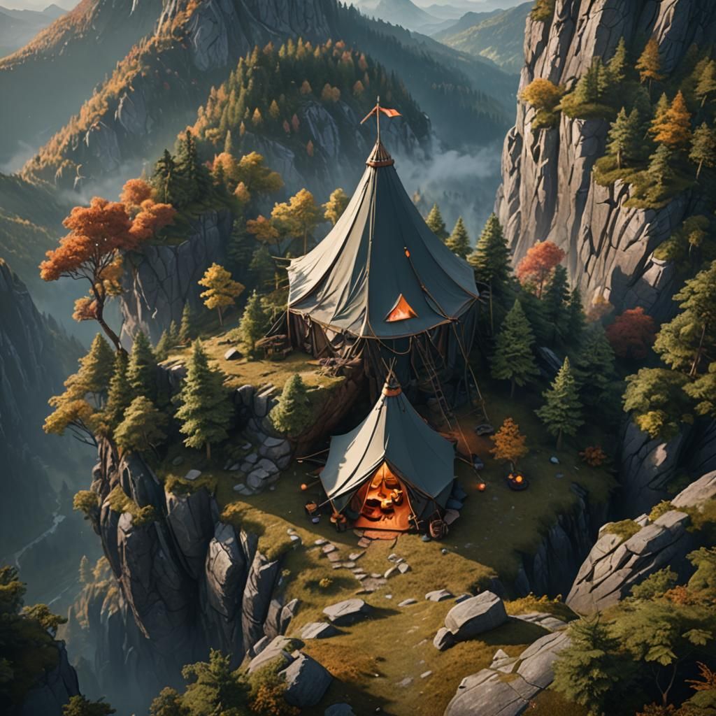 A cozy tent on the top of a tall mountain  by @undefined