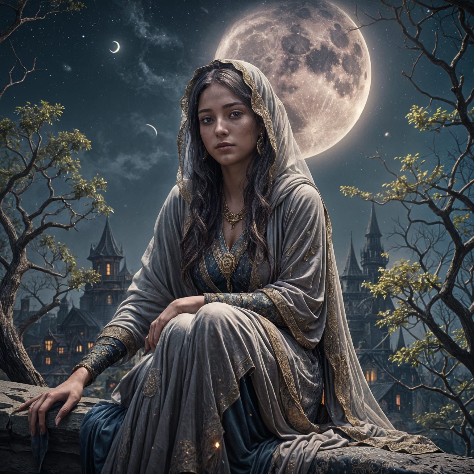 "A veiled girl sitting at night, embraced by the moon, which...