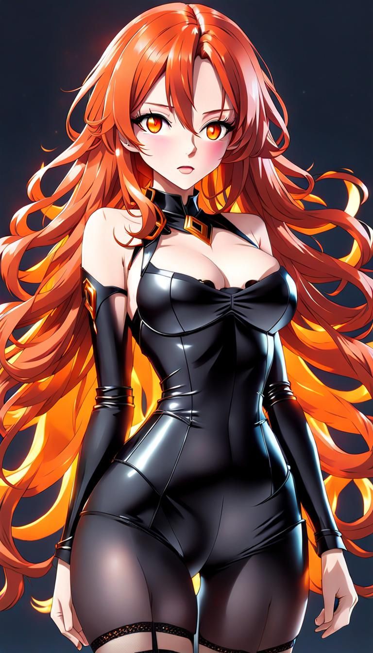 serious anime girl, long wavy burning red hair, large hyper-detailed  vibrant orange eyes, small sharp nose, flushed cheeks, long thick dark... -  AI Generated Artwork - NightCafe Creator