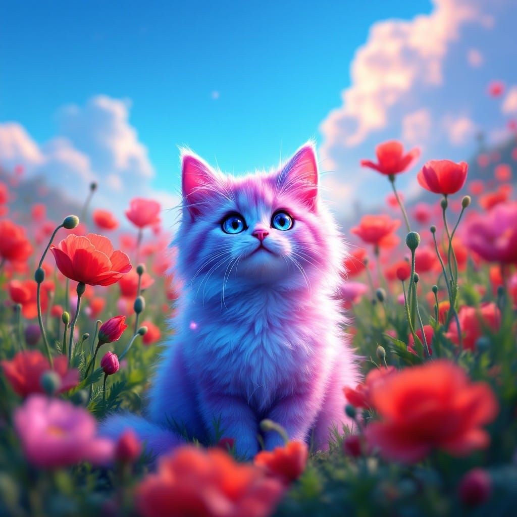 Cute neon kitty sitting a field of poppies in the spring 