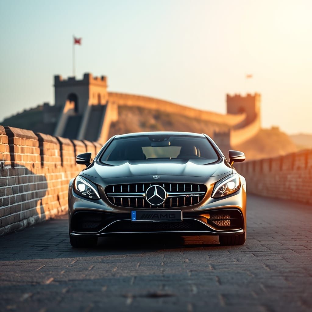 Mercedes AMG driving on the Great Wall of China With Mercedes logo 
Professional photography, bokeh, natural lighting, canon lens, shot on d...