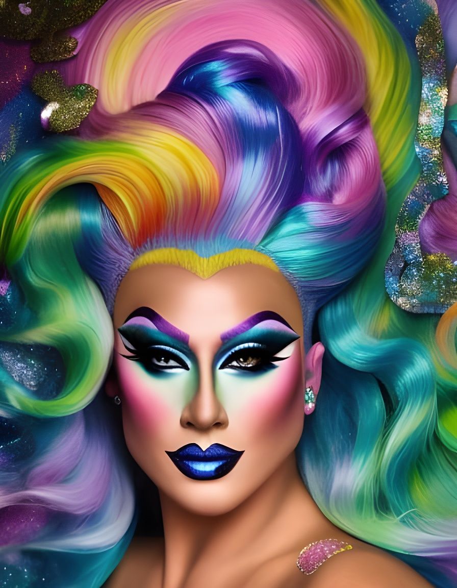 Glittering Rainbow Drag Queen Portrait in Impasto Style