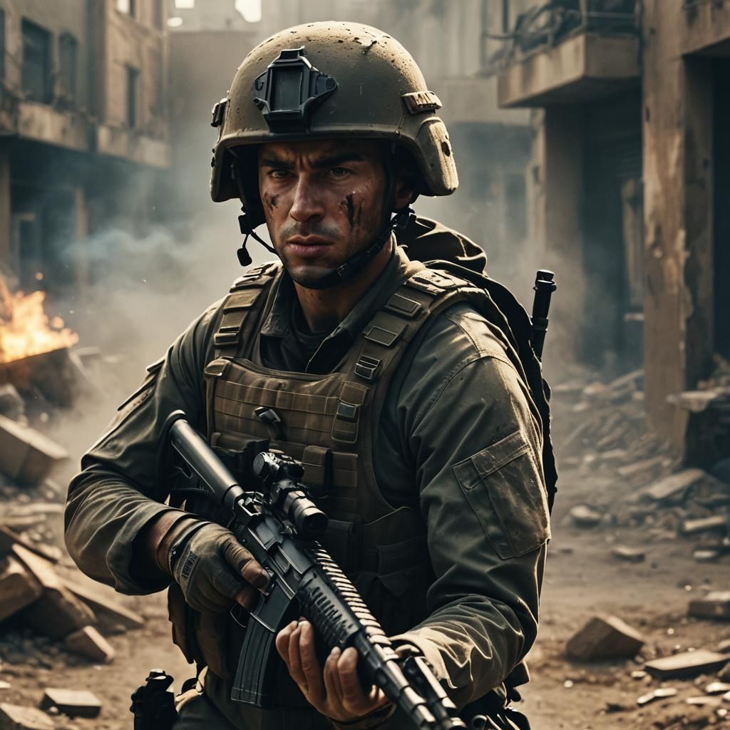 Intense Battlefield Scene with Soldier in Action