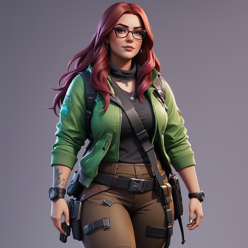 A plus sized young woman with long dark red hair, glasses, green-brown  eyes, in the form of a Fortnite skin. Her outfit is color iridescent.... -  AI Generated Artwork - NightCafe Creator