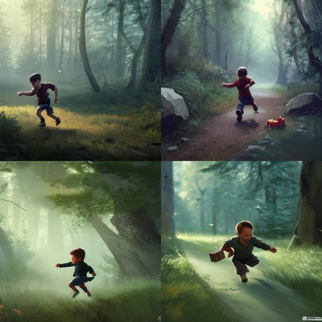 4k image of a little man running from some guys in forest wi...