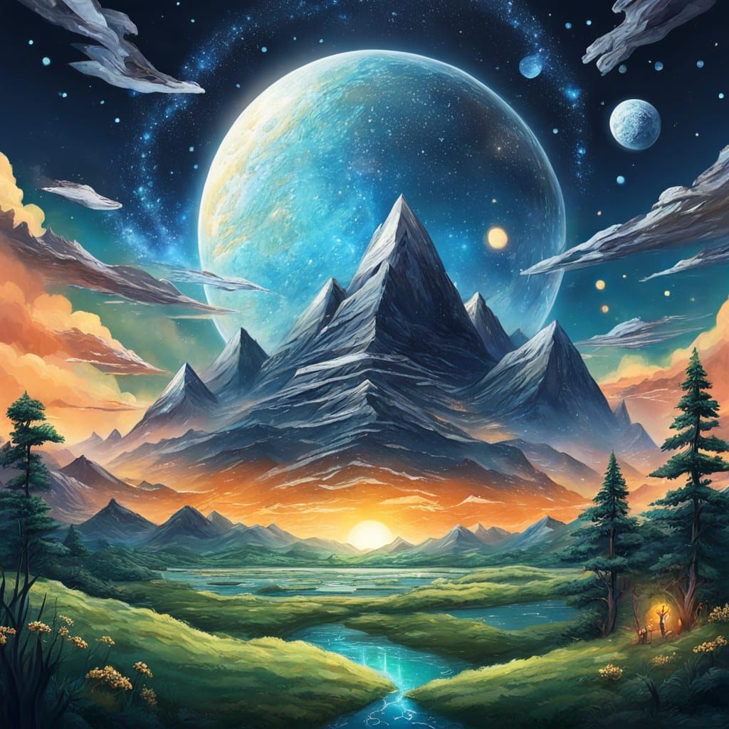 Cosmic Landscape with UFOs and Celestial Bodies