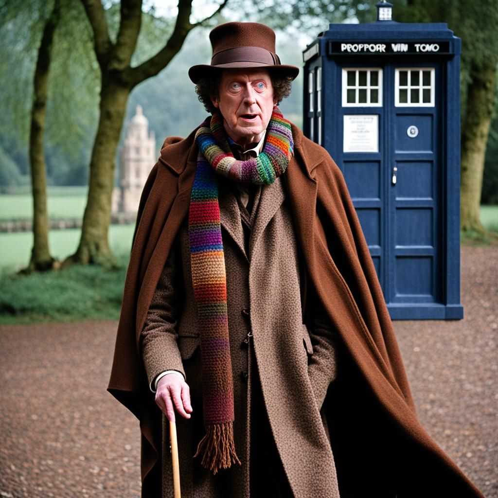 The fourth Doctor in a brown frock coat and hat, with a ten foot long ...