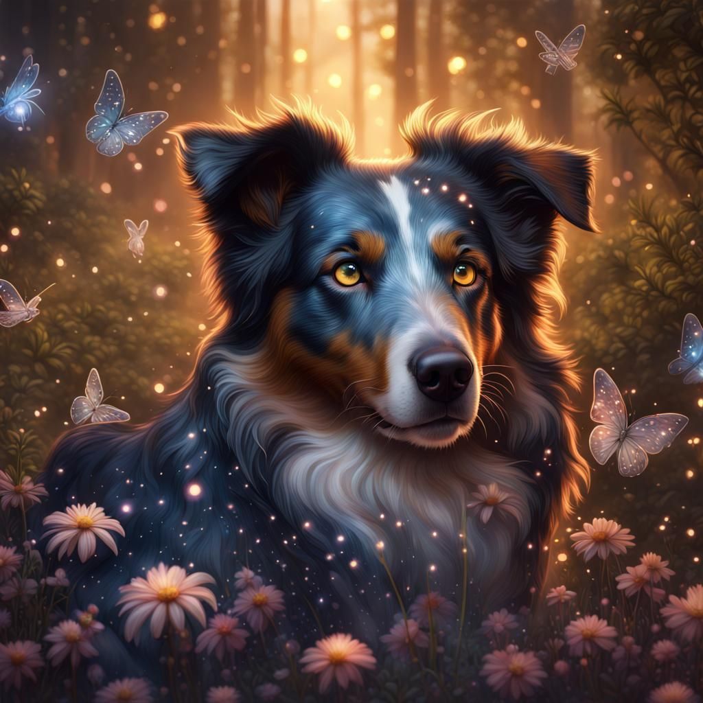 Floral Australian Shepard surrounded by fireflies, detailed ...