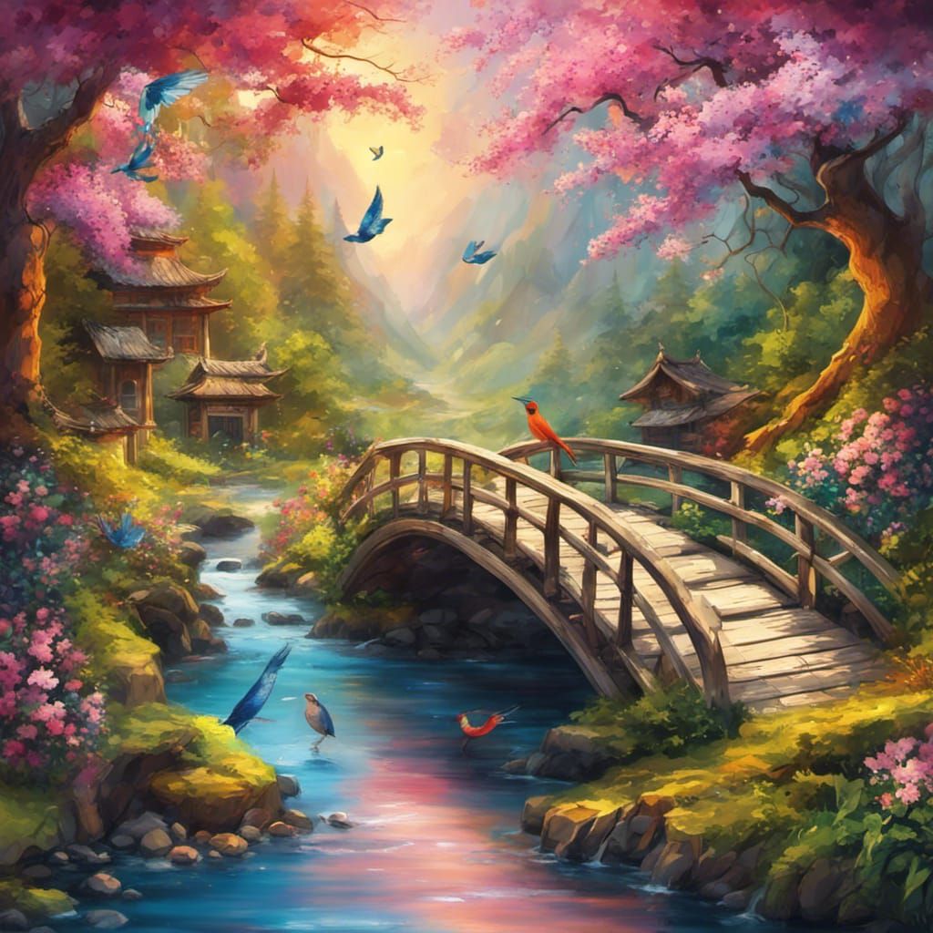 A masterpiece landscape: an amazingly beautiful bridge over crystal clear stream in forest in spring ... false