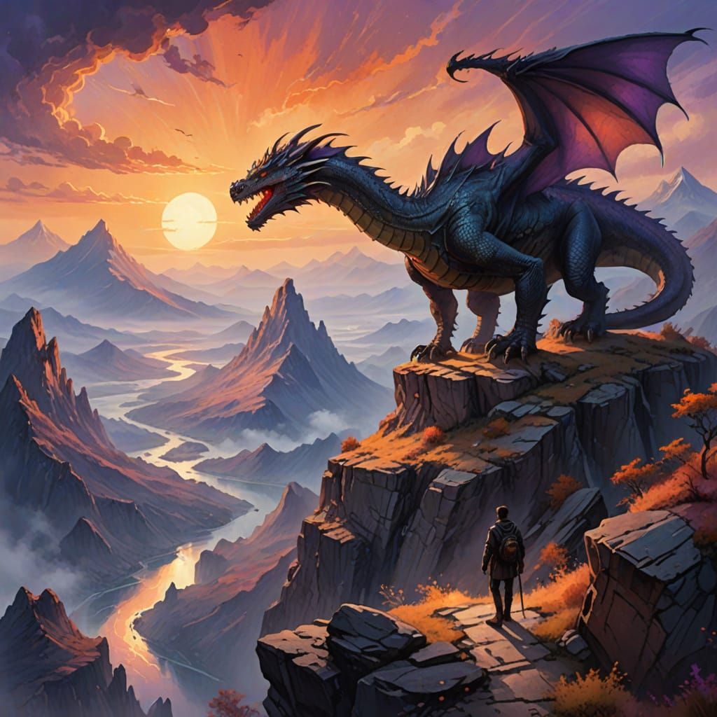 A traveler stands on a windswept cliff edge, gazing at a colossal, ancient dragon coiled around a distant mountain peak. The scene is b...