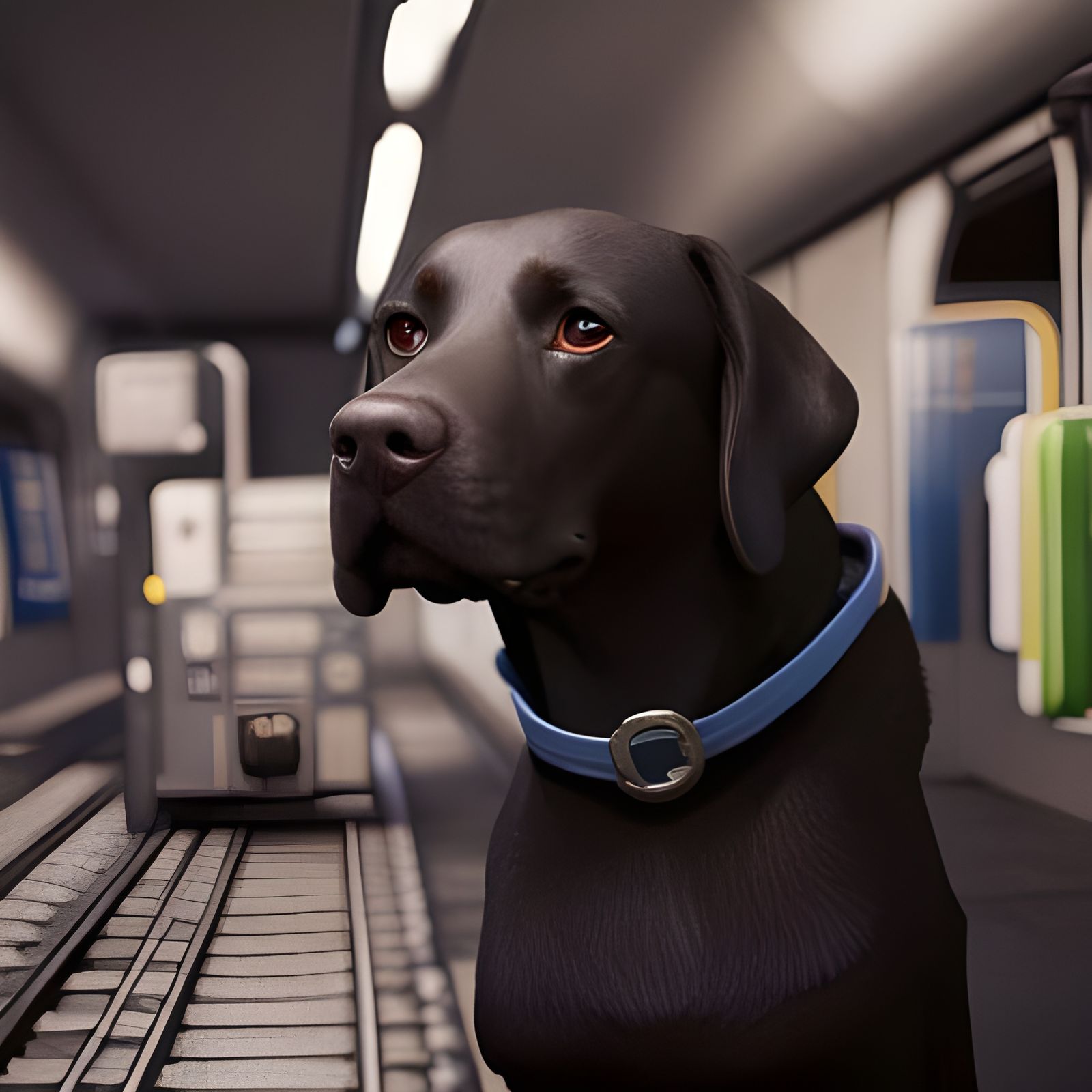 A black labrador studying a subway map.