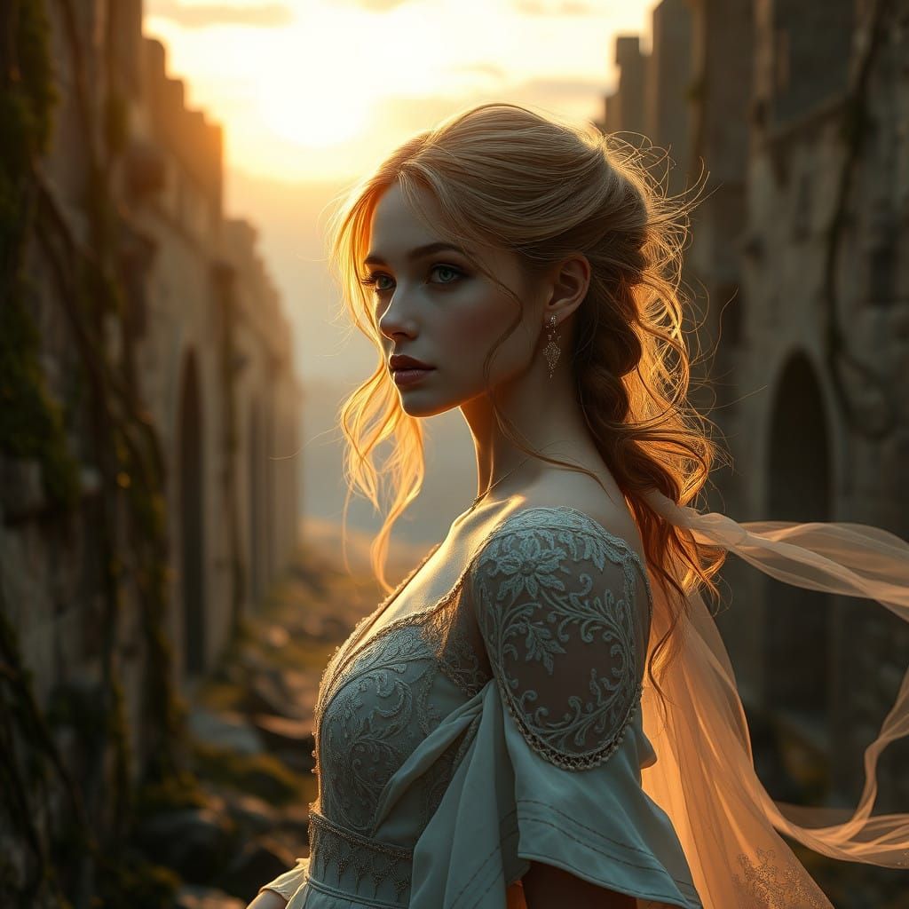Majestic Woman Lost in Thought in a Ruined Medieval Fantasy ...