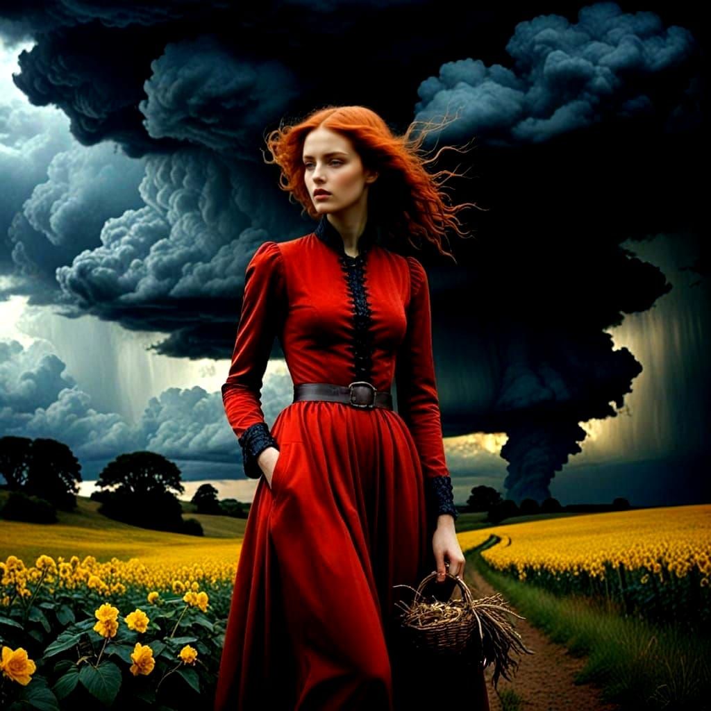Ethereal Stormy Landscape with Enchanting Medieval Lady