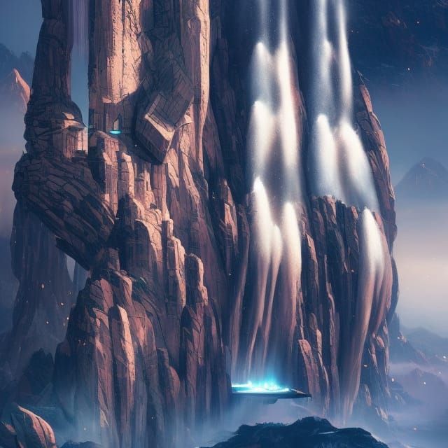 Futuristic Sci-fi mountains and waterfalls by WLOP beeple Gr...