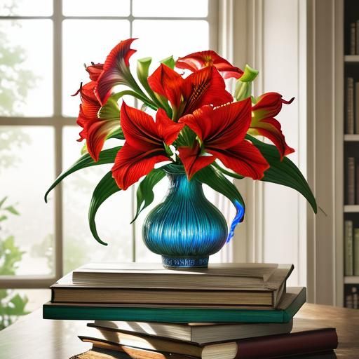 Amaryllis flowers in pretty vase with books 