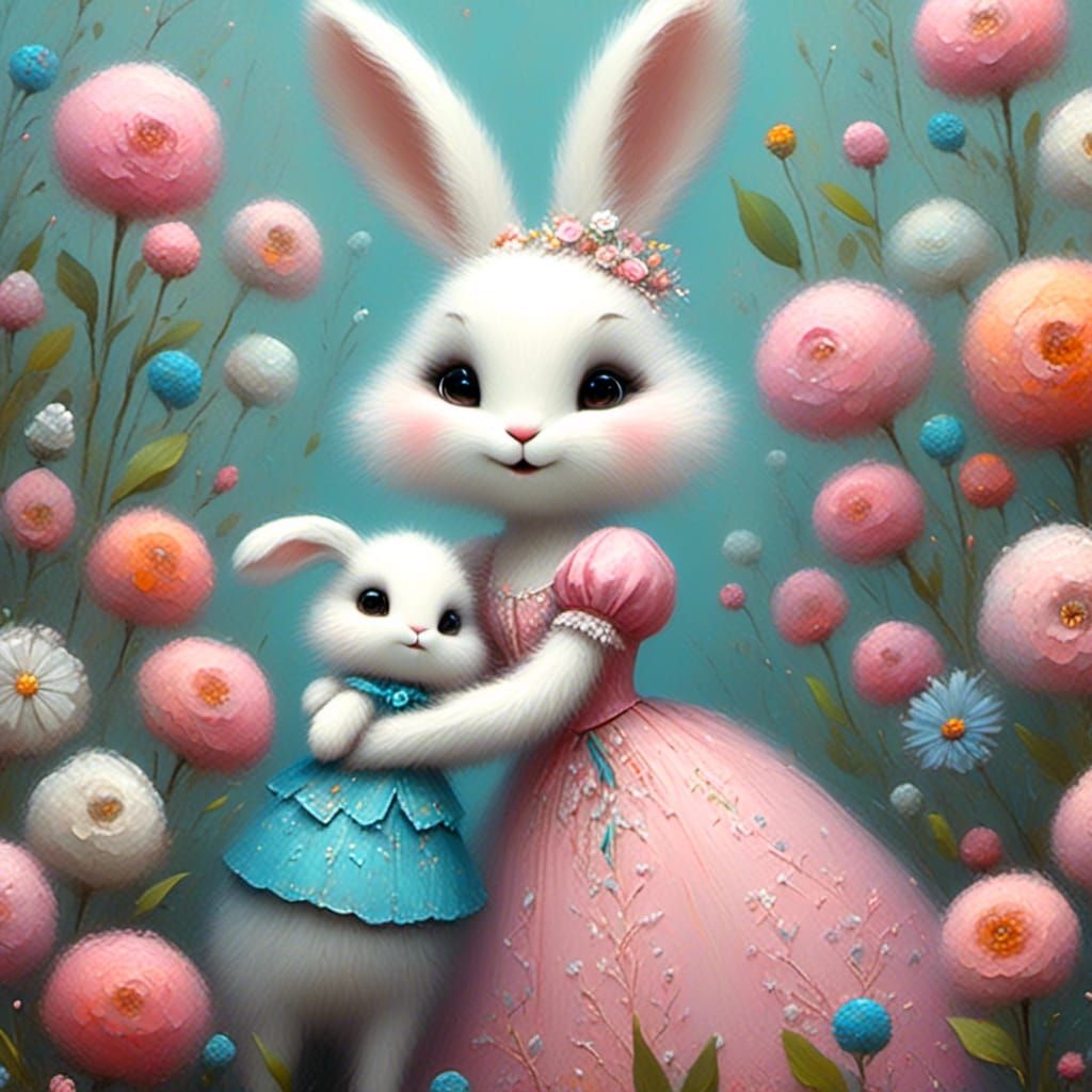<lora:WHIMSICAL:1.0> whimsical folk art, cute white bunny in blue clothes and a cute white bunny in a pink dress, cuddling, flowers, pastel...
