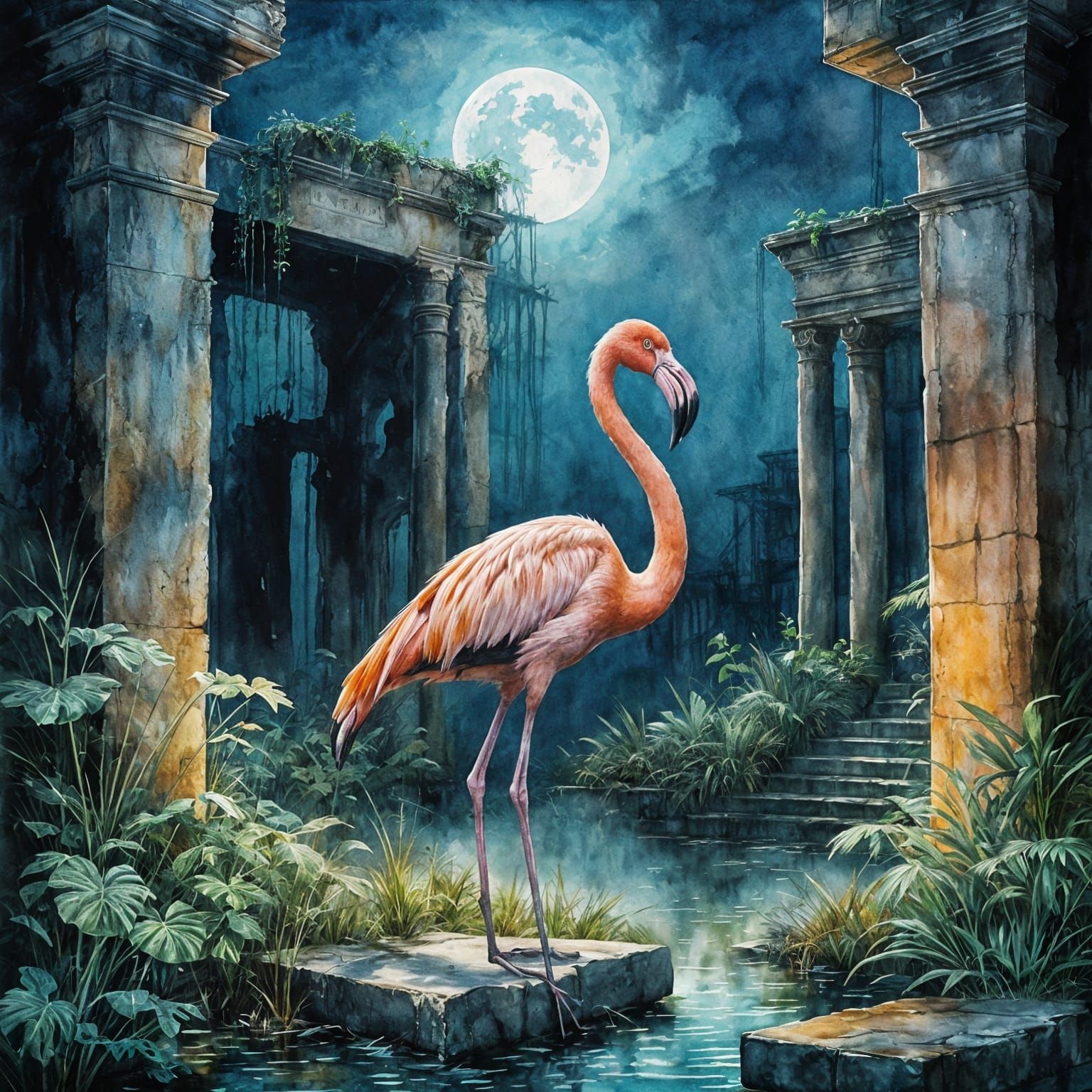 A solitary flamingo stands in the center of a forgotten city ruin  by @Yun Shin Hye