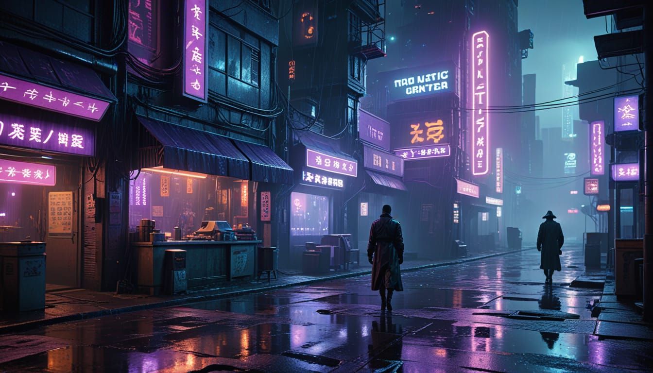Cyberpunk city street. A lone figure in a trench coat walks past a noodle stand, neon signs reflecting in puddles. Volumetric lighting pierc... - Start Image 1