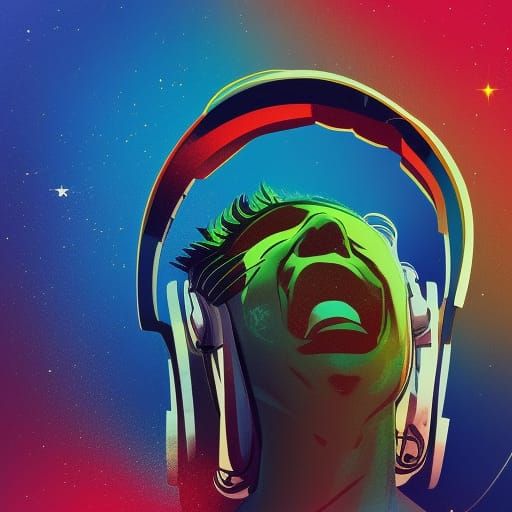 Man on the moon with headphones on listening to hip hop