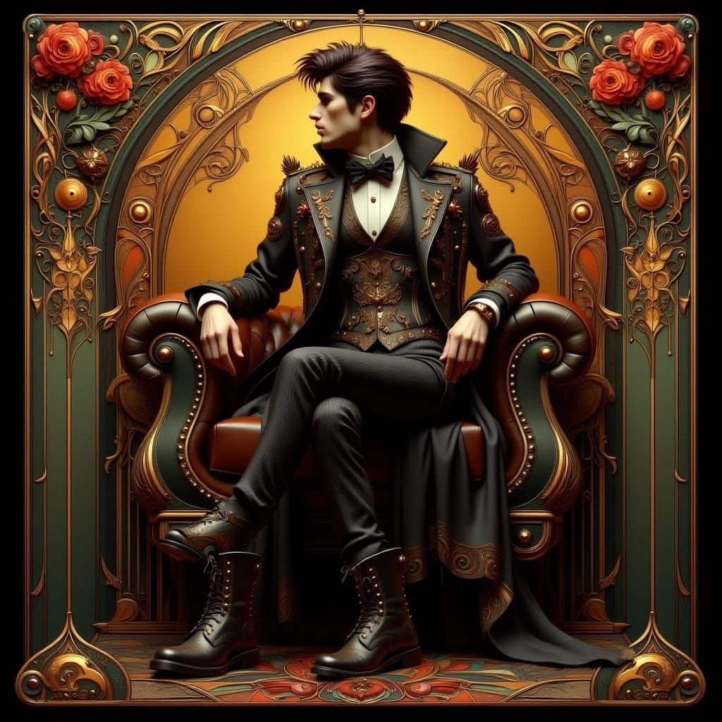  <lora:Art Nouveau Punk V2:1.0> handsome man in an art nouveau punk suit and boots, Klimt inspired background, ambient lighting 