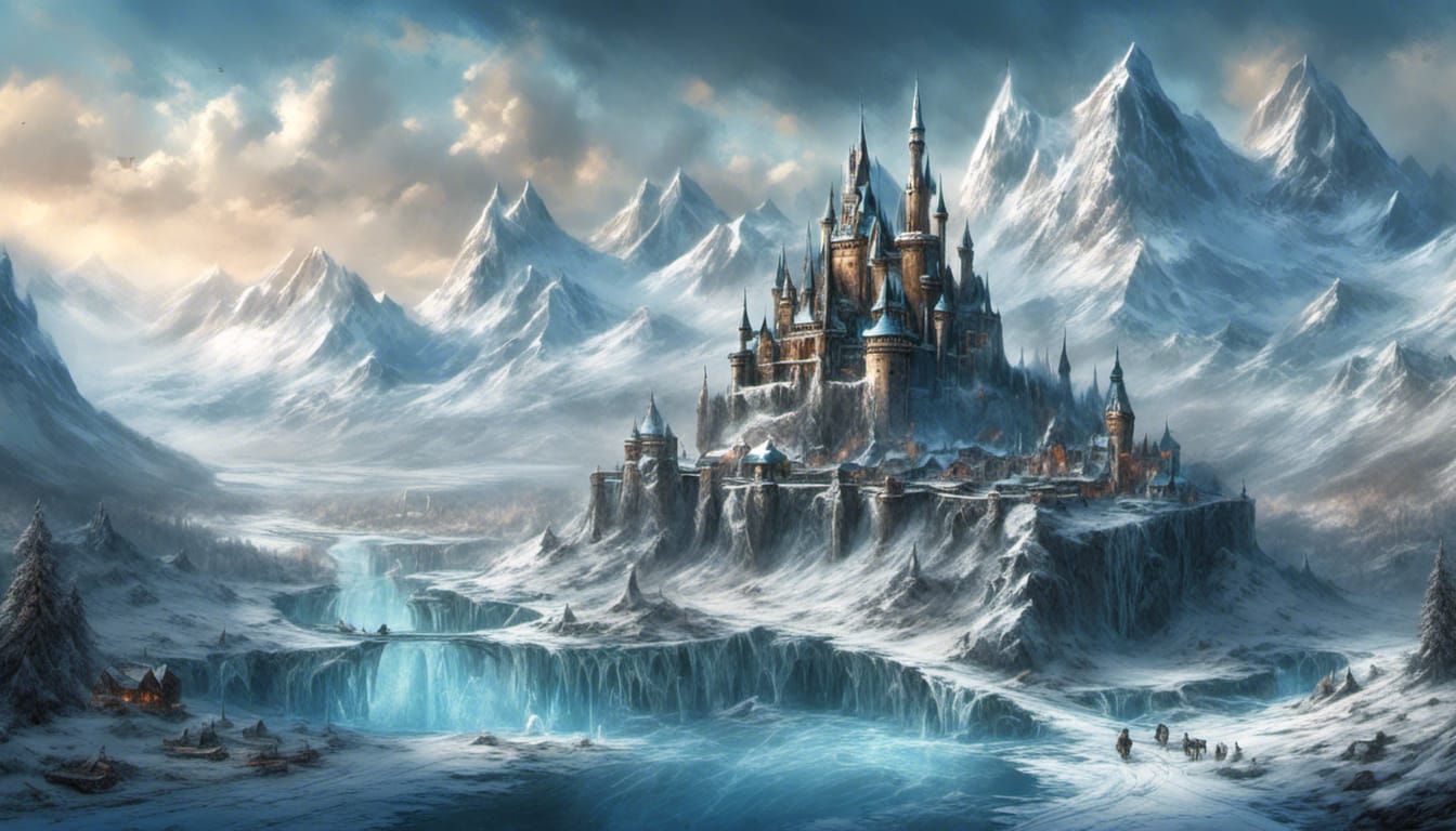 a breathtaking Grungy 3D map scene set in a fantasy world, frozen tundra stretching as far as the eye can see, where icy mountains and froze...