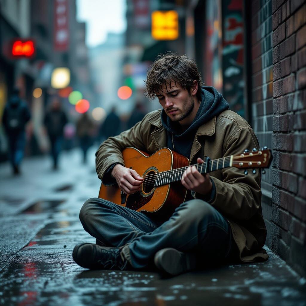 Lone Musician's Solitude on Rainy City Street
