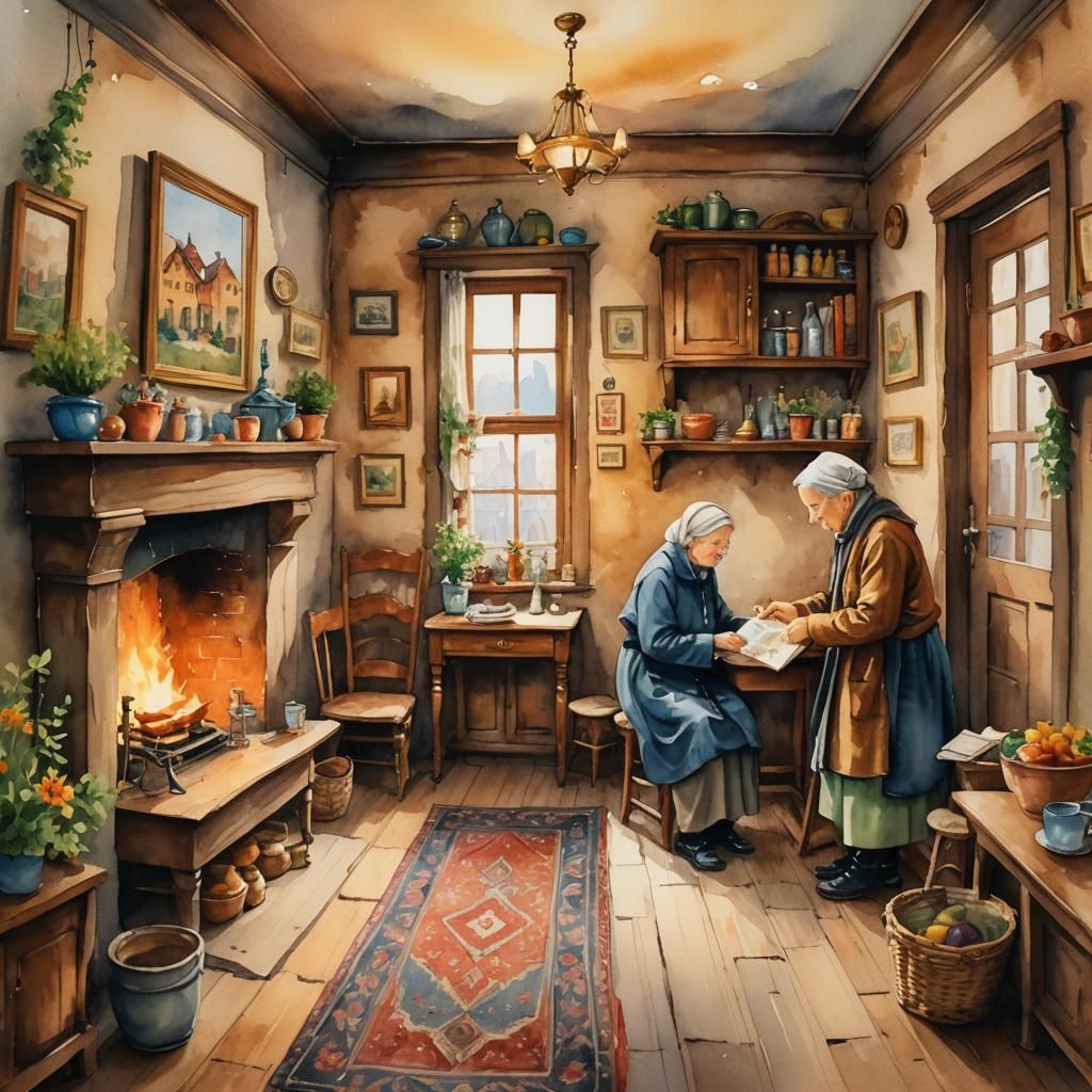 Visiting Grandma in the Old Village: Watercolor Folk Art