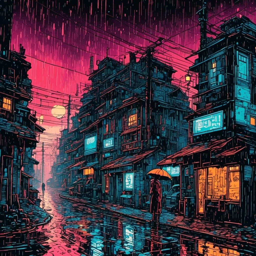 <lora:Linograal:0.75> linocut. Strong mood lighting. cyberpunk city dystopia. Rain and mist. Colour tetrad