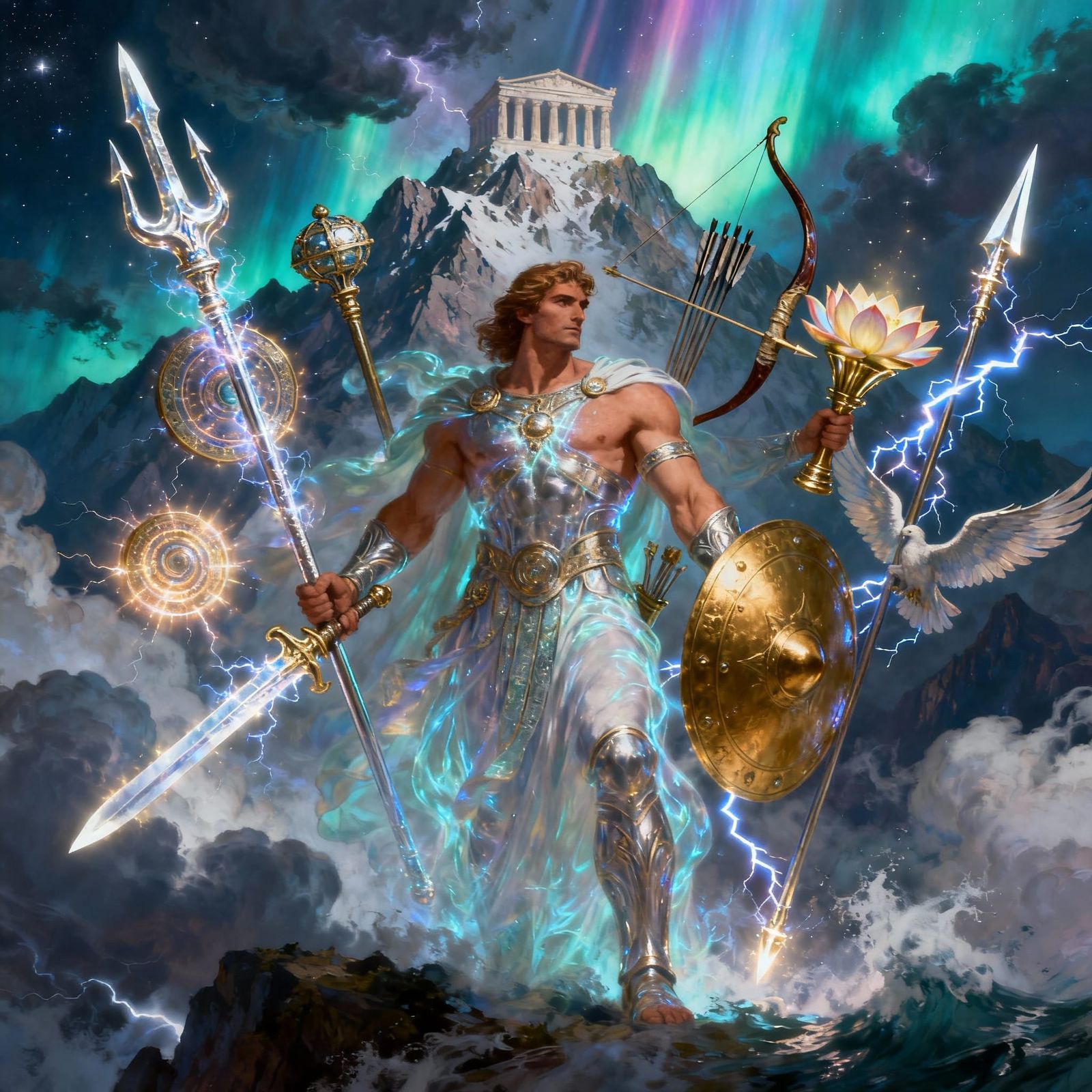 Divine Warrior on Olympus with Ten Weapons in Epic Concept A...