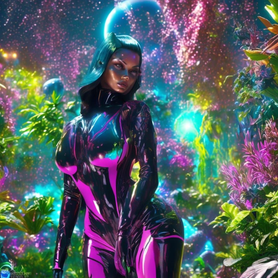 Futuristic Woman in Neon Space Suit on Alien World