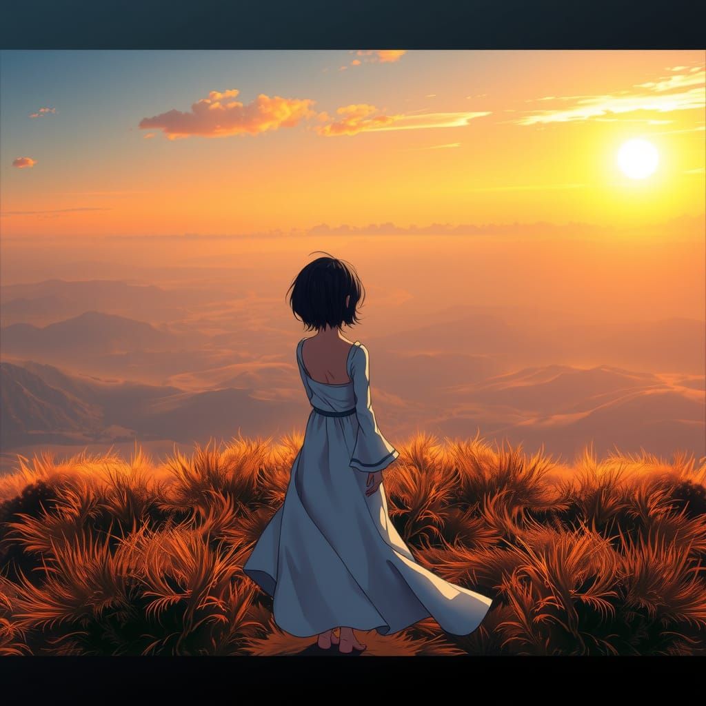 Serene Valley Sunset with Contemplative Anime Woman