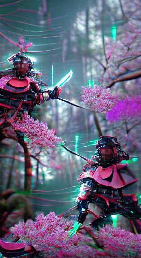 Samurai in a Sakura forest glowing neon cyberpunk 8K 3D