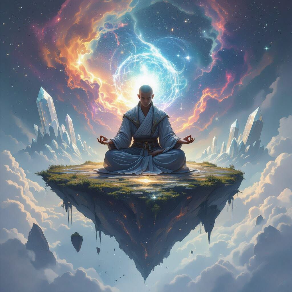 A celestial monk meditates atop a floating island, surrounded by swirling nebulae and distant, crystalline structures. Cosmic energies coale...