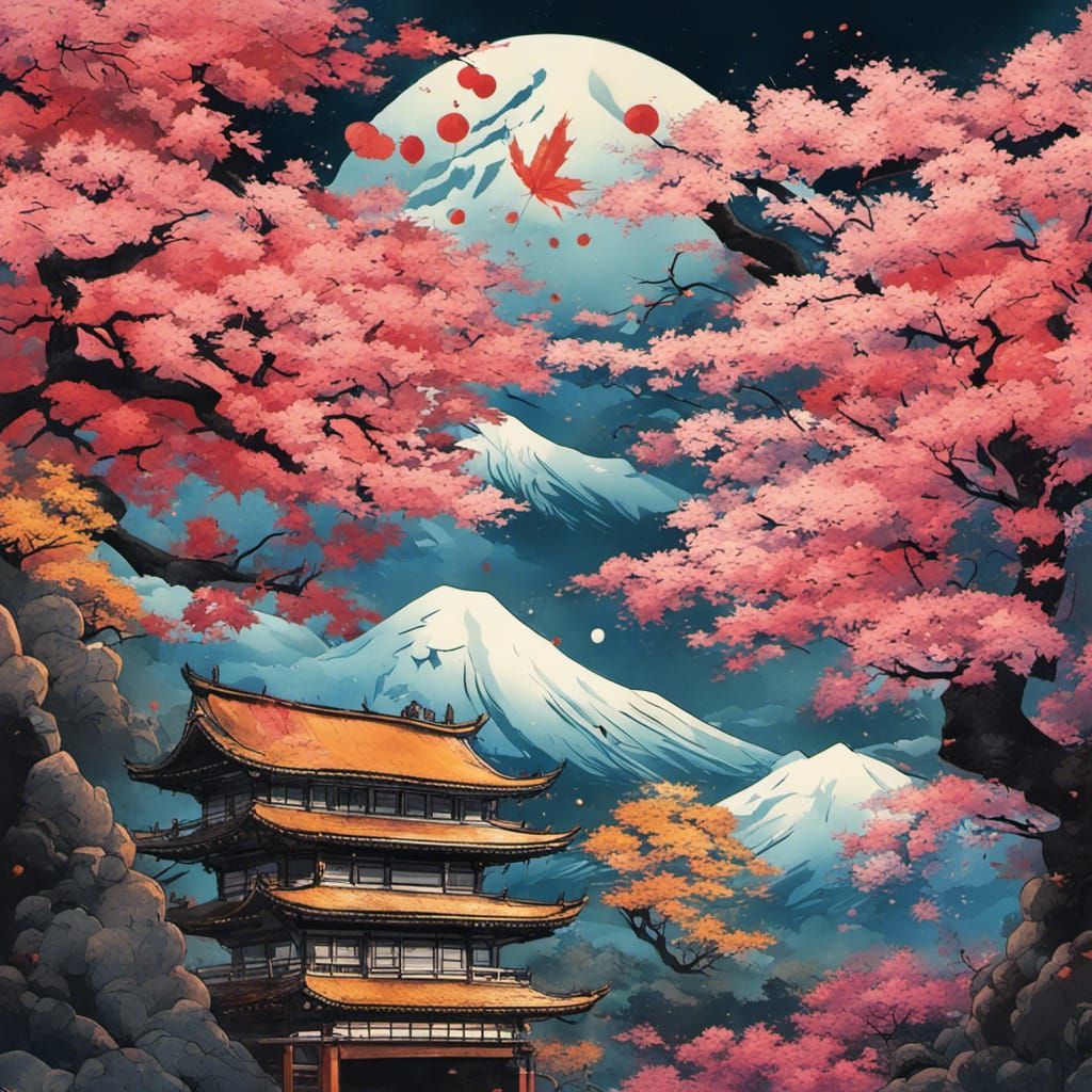 Maple leaves and Sakura in Ukiyo-e style