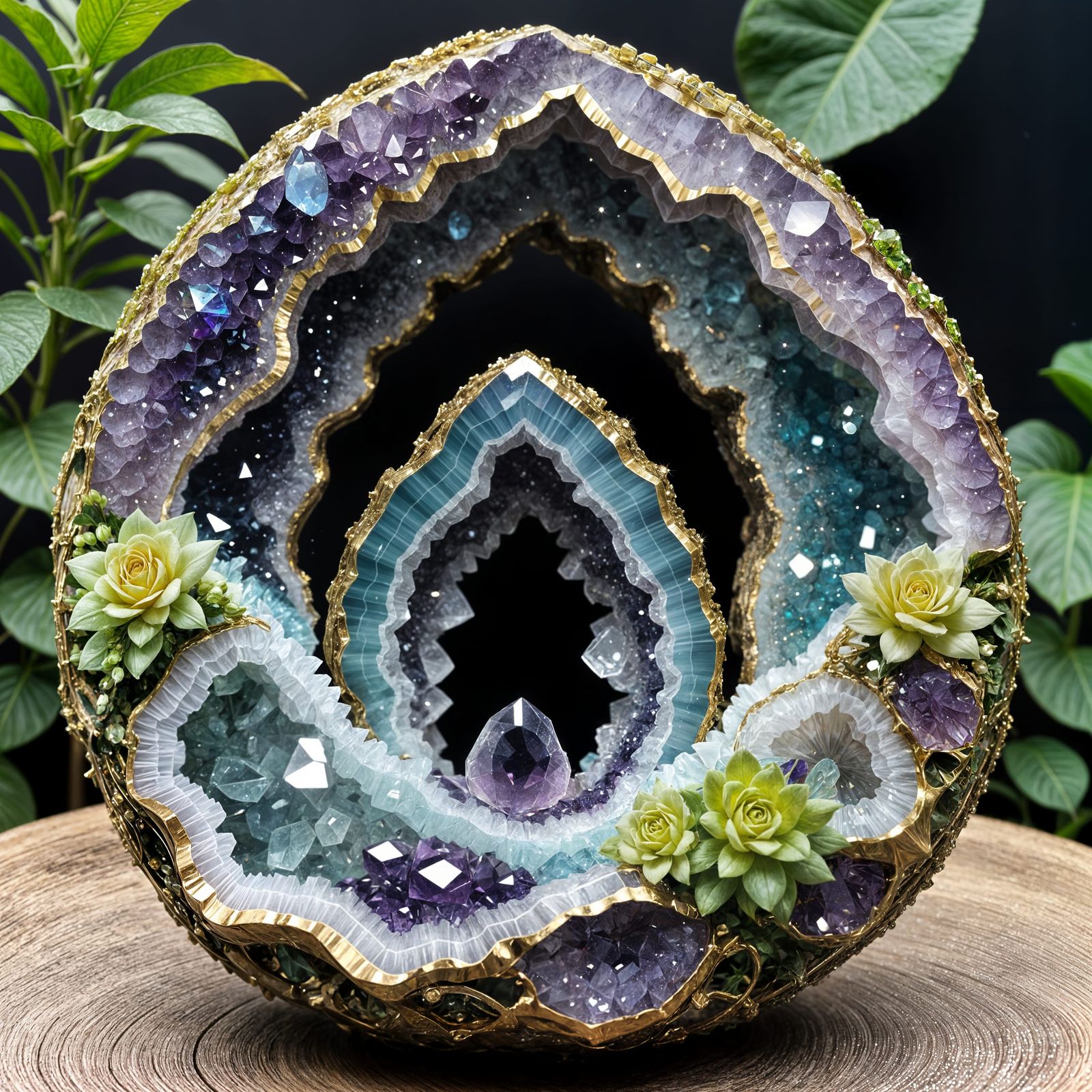 amethyst, aquamarine & echeveria geode  by @crumbly