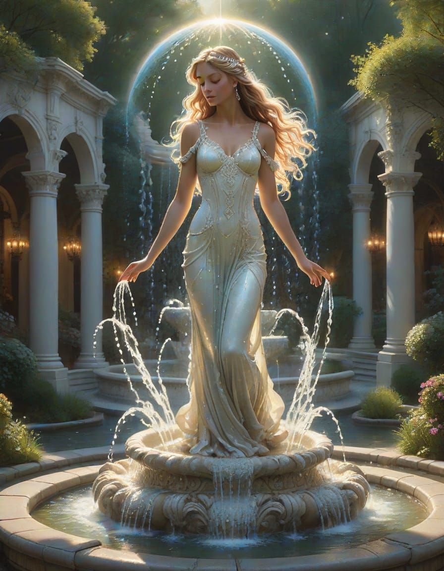 A big fountain with sparkling water made of stone. In the middle of the fountain, the image of a wonderful, pretty woman is created with spa...