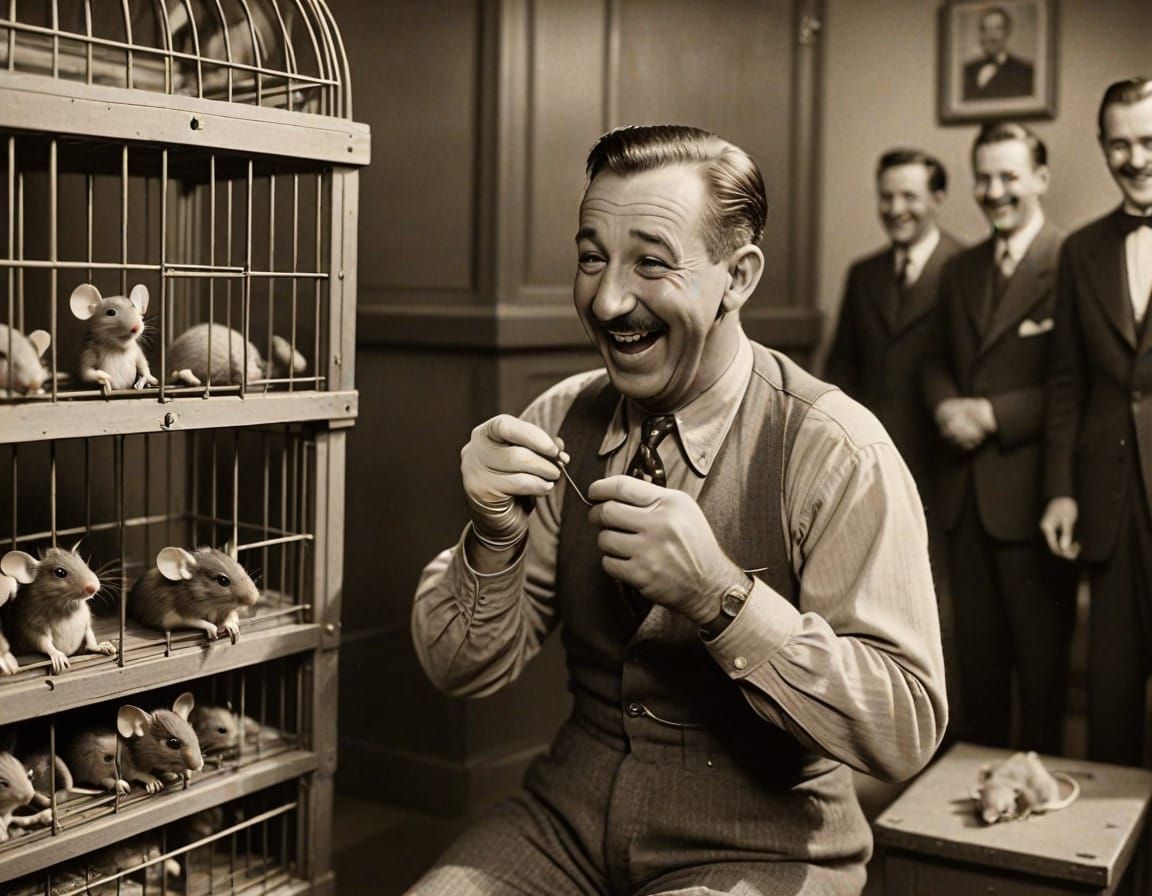 Walt Disney laughs watching a real mouse in a cage with gloves and pants.  Stunning masterpiece 1930s photography, sepia, vintage photograph...